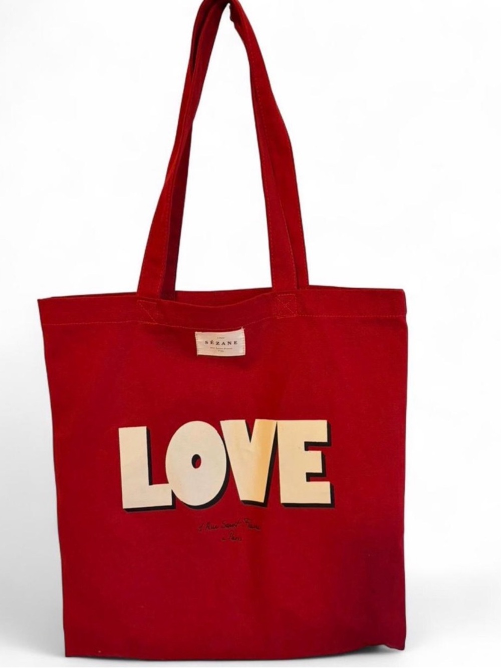 Sezane Red Canvas Tote with Cream LOVE Graphic